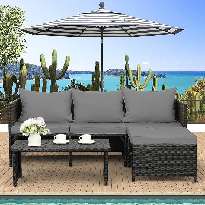 Valita 3-Piece Outdoor PE Rattan Furniture Set Patio Black Wicker Conversation Loveseat Sofa Sectional Couch Gray Cushion
