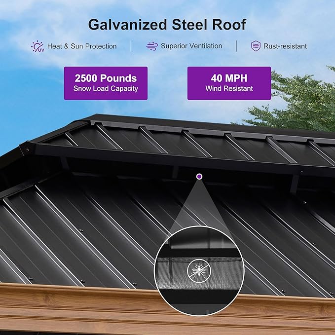 PURPLE LEAF 10' X 14' Outdoor Hardtop Gazebo for Patio Galvanized Steel Double Roof Permanent Canopy Teak Finish Coated Aluminum Frame Pavilion Gazebo with Netting and Lights