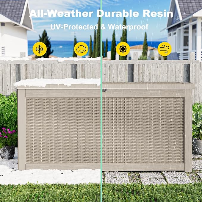 PatioZen 320 Gallon Outdoor Deck Box,Waterproof Resin Outdoor Storage Boxes, Outside Storage Lockable Container for Garden Tools,Indooor Cushions,Accessories (Grey)