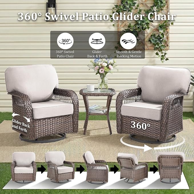 Patio Furniture Sets, 2 PCS Wicker Outdoor Furniture - Patio Swivel Rocking Chairs with All-Weather Olefin Cushions for Garden, Porch, Backyard, Beige/Brown Wicker