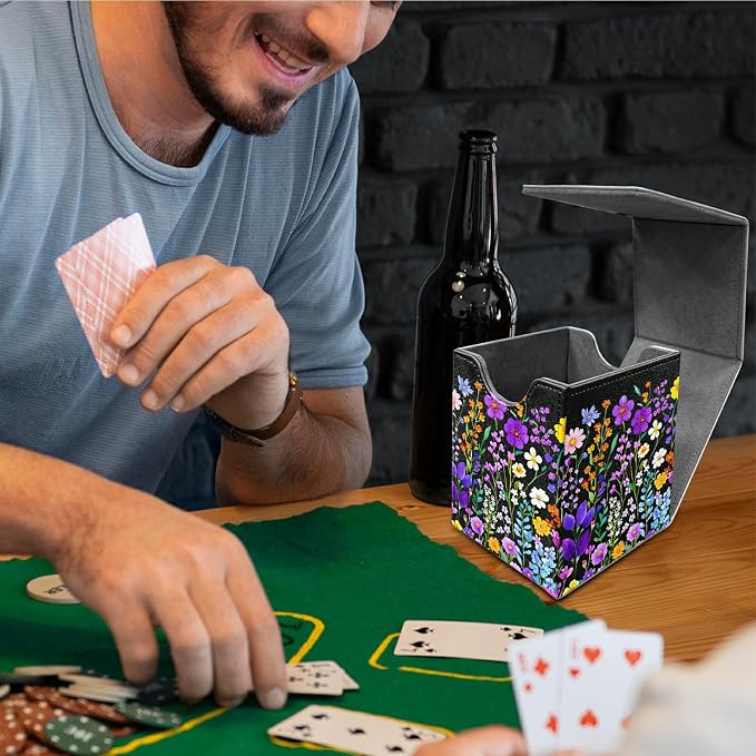 Deck Box for MTG, Cards Storage Box Fits 120+ Sleeved, Leather Medium Size Strong Magnetic Closing Card Case for Board Games Magic TCG CCG Baseball Collection, Purple Wildflower