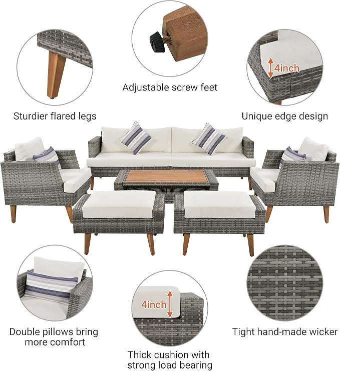 6 piece Outdoor PE Wicker Sofa Set, Outdoor Sectional Conversation Sofa with Double Cushions, Solid Wood Legs & Table Top, Patio Furniture Set for Backyard, Balcony, Gray+Beige