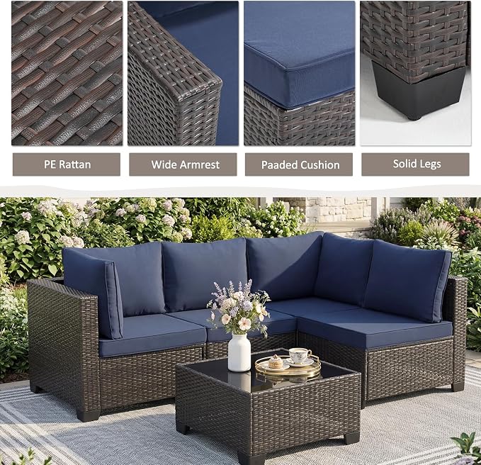 ANJ 3 Piece Outdoor Wicker Patio Furniture Set, Modular Loveseat Sofa with with Glass Top Coffee Table, All-Weather Rattan Conversation Couch Set for Balcony, Backyard, Dark Brown Wicker-Blue