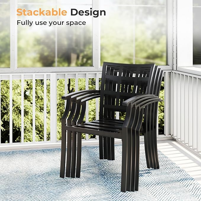 HAPPATIO 9-Piece Patio Dining Set, Outdoor Dining Set with Powder-Coated Metal,Dining Table with Umbrella Hole, 8 Stackable Chairs with Removable Cushions for Porch Poolside Garden,Grey