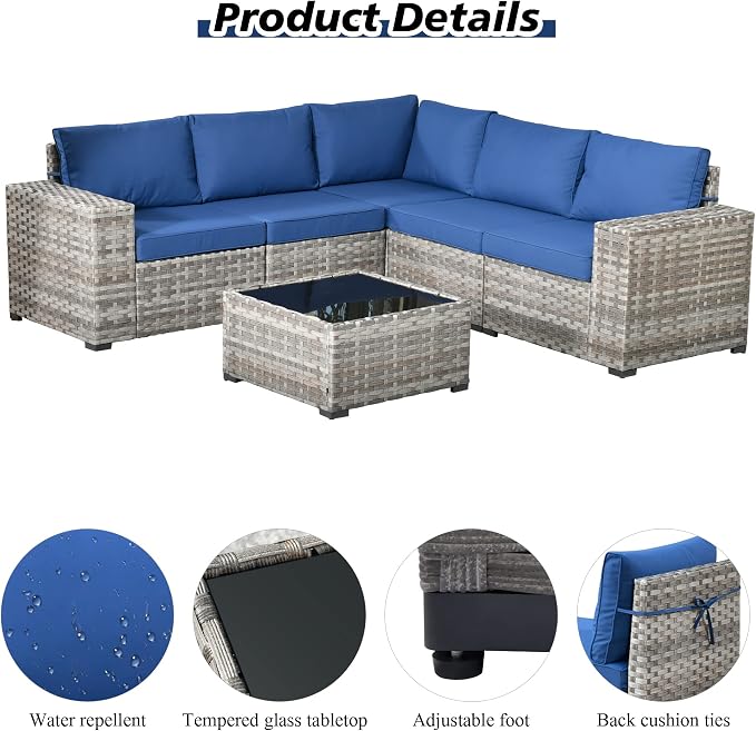 HOOOWOOO Outdoor Patio Sectional Furniture Sofa Set with Widened Armrest,6 Piece Small Modern Wicker Couch,Modular L Shaped Conversation Seating Set with Table for Out Door Garden Corner(Navy Blue)