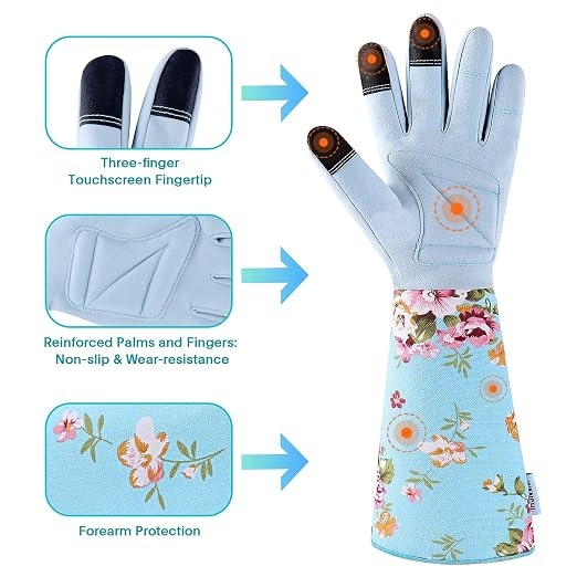 WANCHI Long Gardening Gloves for Women, Breathable Flexible Fit, Comfortable Durable Work Gloves for Planting, Weeding & Outdoor Yard Activities, Blue Medium