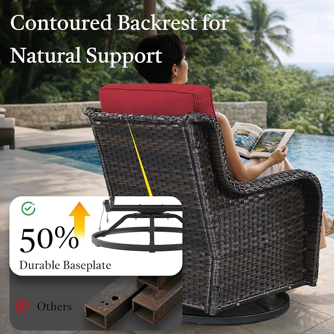 6 Piece Patio Furniture Set with Ottoman - All Weather Patio Conversation Set with 4 Inch Thick Cushions and Deep Seating Swivel Glider Chairs & Outdoor Couch for Porch Deck Yard Pool