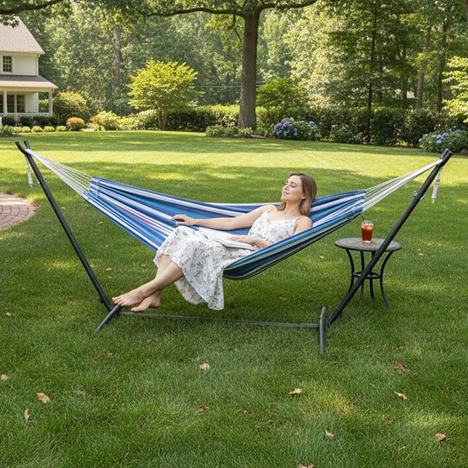 Double Hammocks with Stand for Outside,9FT Hammocks with Carrying Bag for 2 Person,Portable Space Saving Heavy-Duty Steel Stand for Indoor Outdoor Patio Yard,Easy Assembly (Blue & Purple)