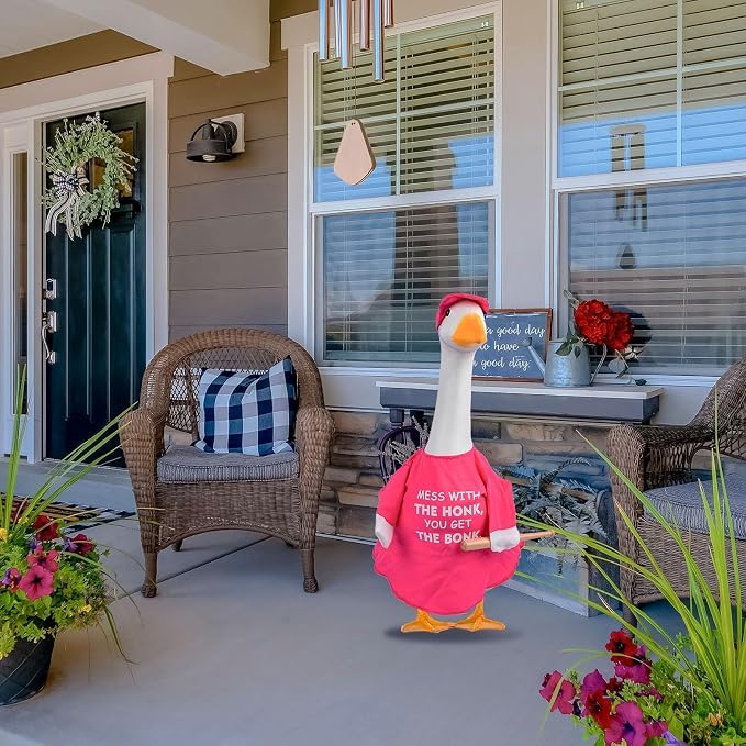 CAMDUCK Funny Porch Goose Outfit for 23 Inch Goose Statue, Mess with The Honk You Get The Bonk Goose Clothes, Decorative Lawn Geese Costume Clothing for Outdoor Decor (Pink)