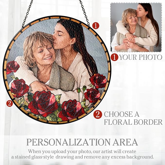 Custom Photo with Flowers, Personalized Stained Glass Window Hanging Suncatcher - Mother's Day, Birthday Gift for Mom, Grandma, Family, Portrait Family