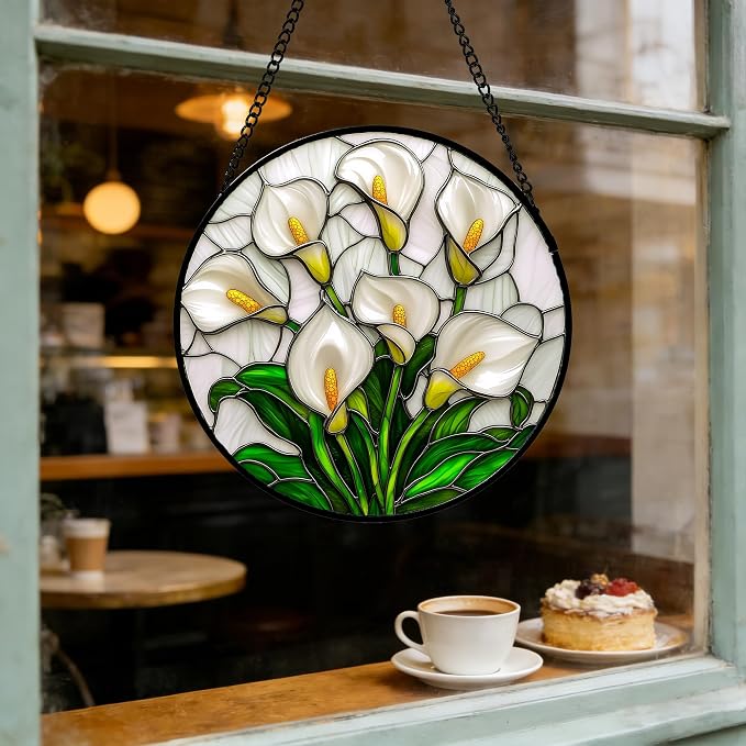DASTOLL Stained Glass Window Hanging, White Calla Lily Suncatcher Diamond Glass Panel Hangings Flowers Sun Catchers Decor for Birthday for Women, Men, Wife, Aunt, and Mom 9.8 in