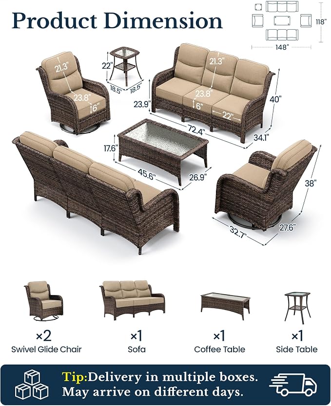 HILLGA Luxury Outdoor Patio Furniture Set with 6-Inch Thick Cushions, High Back Wicker Swivel Rocker Chairs, 6Pcs All Weather Sofa Set for Large Deck, Yard and Poolside, Beige (V3)