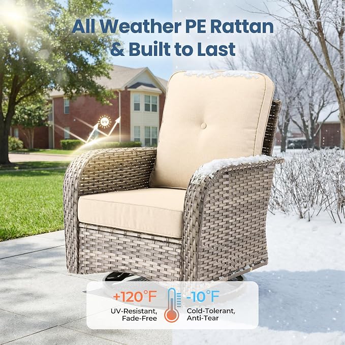 7 Piece Wicker Patio Furniture Set with Swivel Chairs,Beige | High Back Swivel Rocker Chairs, Outdoor Loveseat Sofa, Coffee Table, Rattan Conversation Set, Porch Deck Backyard Poolside
