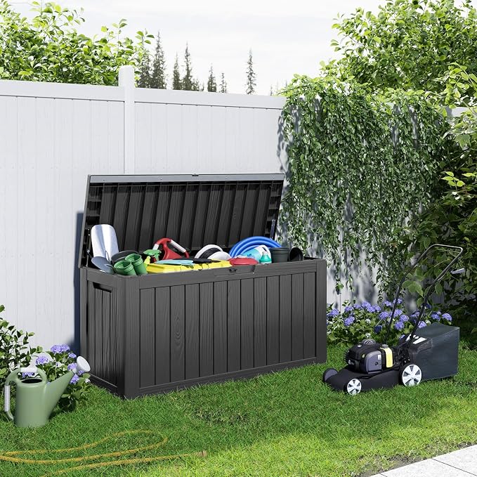 Deck Box Large Outdoor Storage for Patio Furniture,Outdoor Cushions,Garden Tools and Pool Supplies,Waterproof,Resin,Lockable (Black, 90 Gallon)