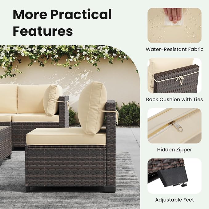 Soohow 8 Piece Patio Furniture Set with 44" Fire Pit Table, Outdoor Sectional Wicker Rattan Conversation Set for Garden, Porch, Backyard - Beige Cushions