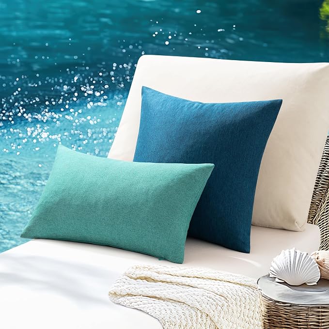 ANRODUO Outdoor Waterproof Pillow Covers for Patio 20x20 Navy Blue 2 Pack | Outdoor Pillow Covers for Patio Furniture, Decorative Linen Cushion Sham, Outside Square Pillowcase for Garden Balcony Decor