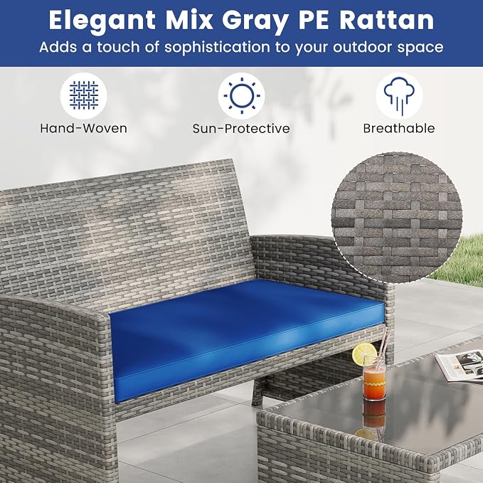 Tangkula 8 Piece Patio Wicker Furniture Set, Outdoor Heavy Duty Rattan Cushioned Chairs, Loveseat and Tempered Glass Coffee Table, for Backyard, Balcony, Poolside