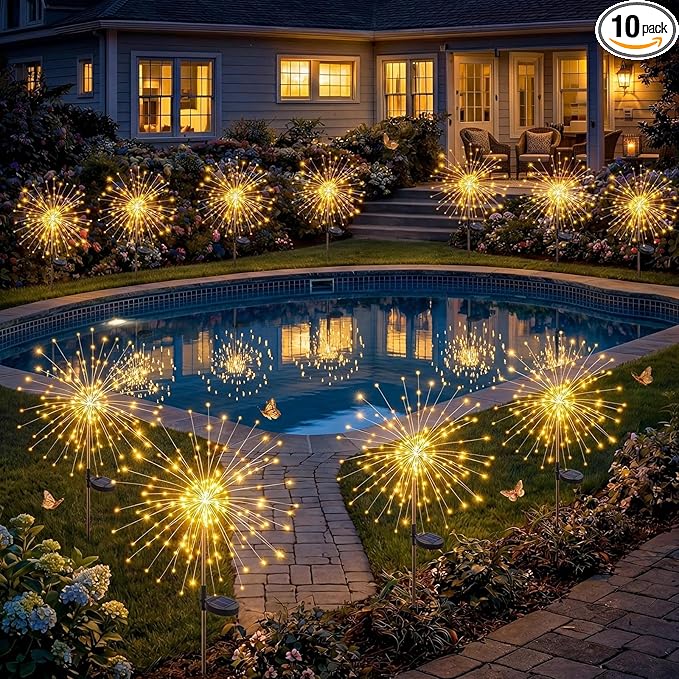 Solar Firework Lights, 10 Pack 120 LEDs 8 Lighting Modes Twinkle Solar Garden Lights Outdoor Waterproof for Yard Patio Walkway Pathway Party Wedding Balcony Decorative- Warm White