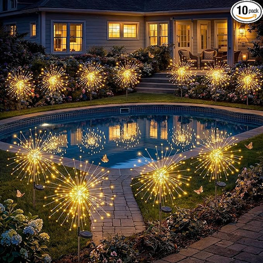 Solar Firework Lights, 10 Pack 120 LEDs 8 Lighting Modes Twinkle Solar Garden Lights Outdoor Waterproof for Yard Patio Walkway Pathway Party Wedding Balcony Decorative- Warm White