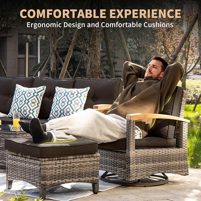 MEISSALIVVE 10 Pieces Outdoor Patio Furniture Sets, Wicker Patio Conversation Sets with 2 Wood Armrests Swivel Glide Chairs,2 Single Chairs, Outdoor Couch and Coffee Table(Black)