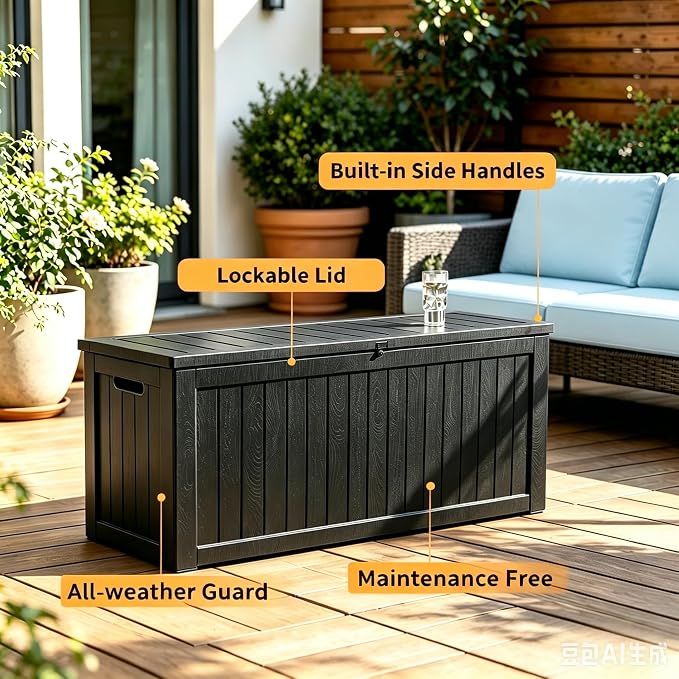 270 Gallon Outdoor Storage Box, Waterproof Resin Deck Container with Lockable Lid, Patio Organizer for Cushions & Garden Tools, Matte Black