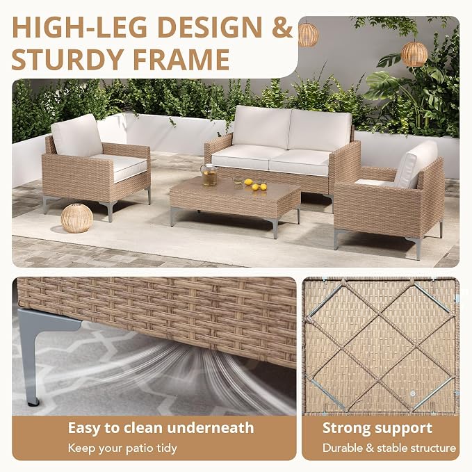 4-Piece Outdoor Patio Furniture Set Beige All-Weather Rattan Outdoor Couch with Coffee Table Outdoor Patio Sofa Seating with Cushions for Garden, Poolside, Porch
