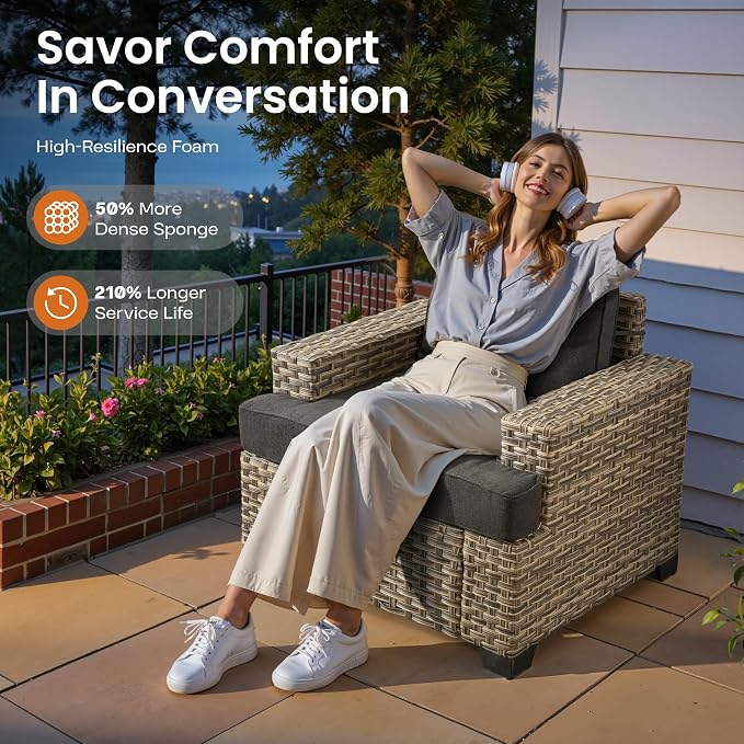 ovios 10 Piece Patio Sectional Furniture with 42in Fire Pit Table, Rattan Wicker Coversation Setwith Single Chairs, Outdoor Sofa Set for Outside Porch Balcony Backyard Pool, Black