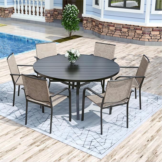 Anmutig 7 Piece Patio Dining Set 54 Inch Round Table Stackable Chairs Beige | Powder-Coated Steel Frame, Quick-Dry Textilene Mesh, Dual-Size Umbrella Hole, Weather Resistant, Patio, Garden, Backyard