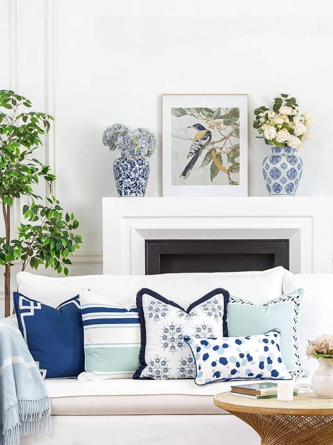 Hofdeco Premium Coastal Patio Indoor Outdoor Throw Pillow Cover Only, 20"x20" Water Repellent for Backyard, Couch, Navy Blue Aqua Stripes