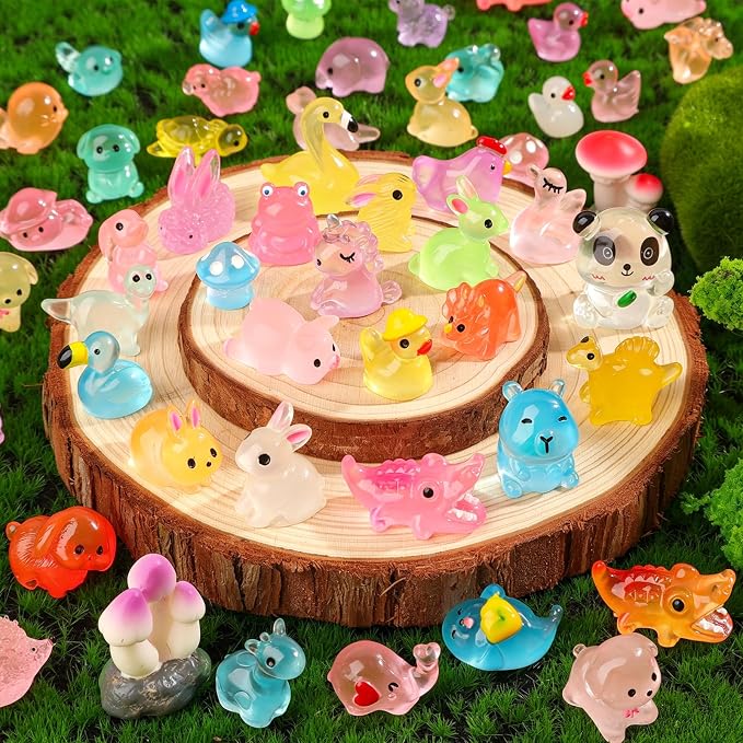 150PCS Mini Luminous Resin Animals 40+ Styles Glow Tiny Resin Animal Miniature Little Small Animal Figures for Accessories Dollhouse Potted Garden Aquarium Party Decoration DIY Craft
