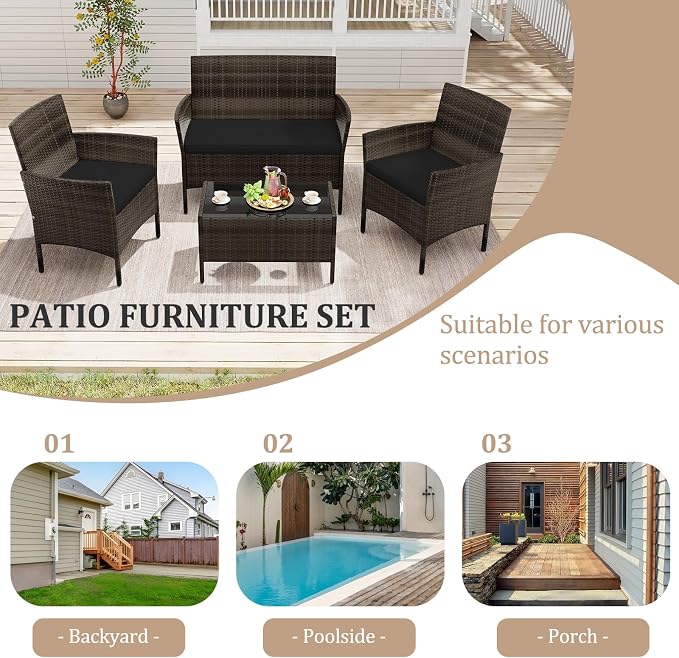 KOTEK 4 Piece Patio Furniture Set, Outdoor Rattan Conversation Set with Loveseat, Wicker Chairs, Tempered Glass Coffee Table, Wicker Patio Set for Backyard, Porch (Black)