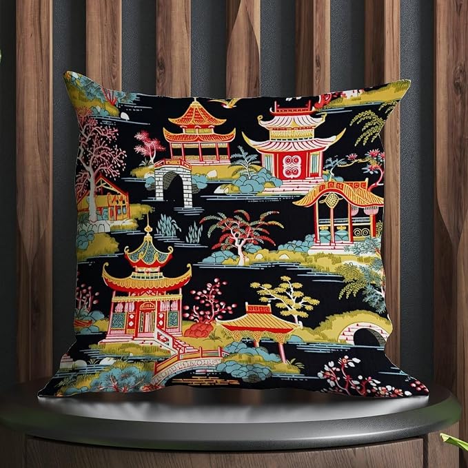 Throw Pillow Covers Chinoiserie Charcoal Coral Pagoda Asian Pillow Covers Modern Chinoiserie Chic Asian Pillow Cover Accent Decorative Cushion Covers Home Decor for Bed Chair Car 22x22 in