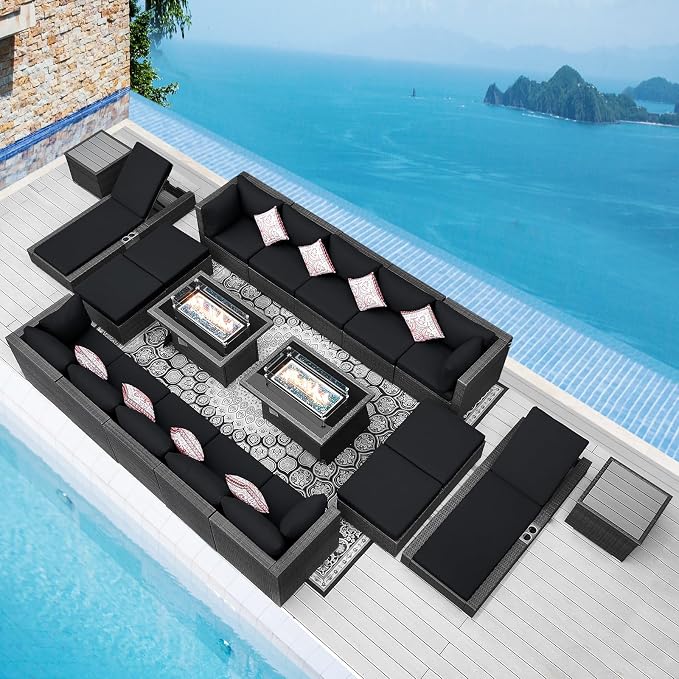 NICESOUL 20 Piece Extra Large Patio Furniture Set w/Fire Pit Table & Chaise Lounge, Modern Luxury Outdoor Group Seating w/Firepit, Comfortable 29.3" High-Back Sectional Couch Deep Seat, Gray & Black
