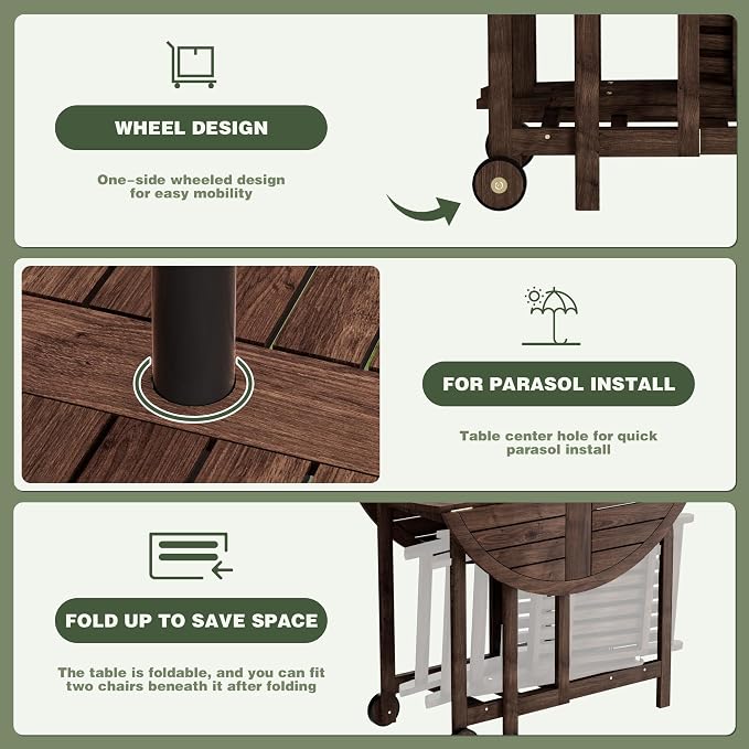 Greesum 5-Piece Outdoor Patio Dining Set, Acacia Wood Folding Bistro Set, All-Weather Furniture with Round Table & Chairs for Garden, Deck, Balcony, Pool, Dark Brown