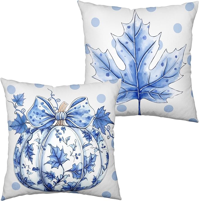 Fall Pillow Covers Blue and White Porcelain Maple Leaf Pumpkin Throw Pillow Covers 22x22 Set of 2 Autumn Blue Polka Dot Pillowcase Thanksgiving Cushion Case for Couch Sofa