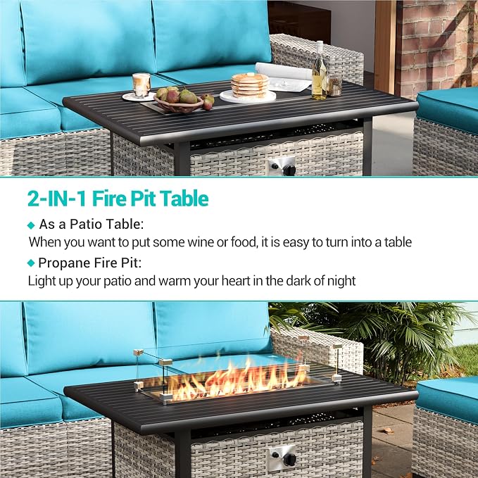 8-Piece Outdoor Patio Furniture Set with 55,000 BTU Fire Pit Table, PE Wicker Rattan Sectional Sofa Conversation Set - All-Weather Garden, Backyard Furniture, Turquoise