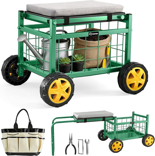 Saker Rolling Garden Cart with Seat & Wheels 15.7" EVA Padded Stool 500lb | Steel Frame,Large Storage Basket, Luxury Version, for Patio, Lawn, Yard – Mobile Workseat with Tool Carrier(Luxury Version)