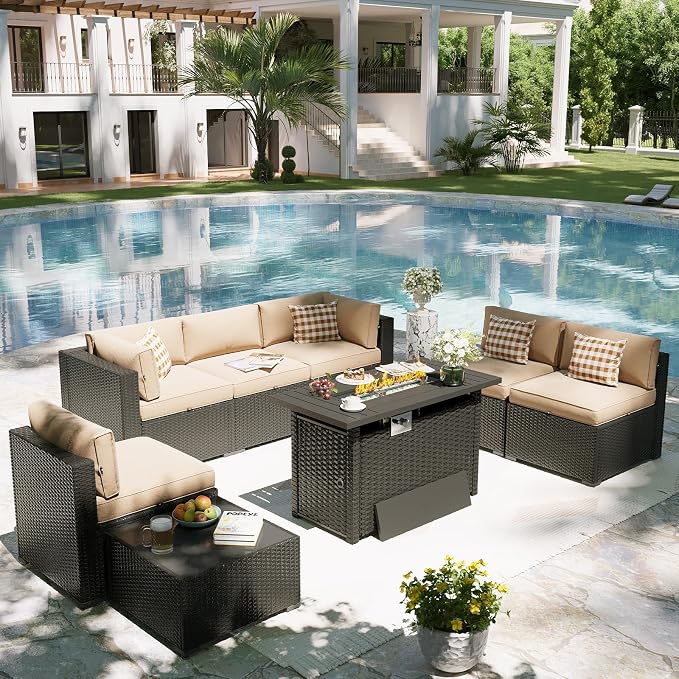 Aoxun Patio Furniture Set with Fire Pit Table, 8 Piece Outdoor Sectional Sofas, Wicker Rattan Outdoor Furniture with Thickened Cushion for Backyard, Garden Beige