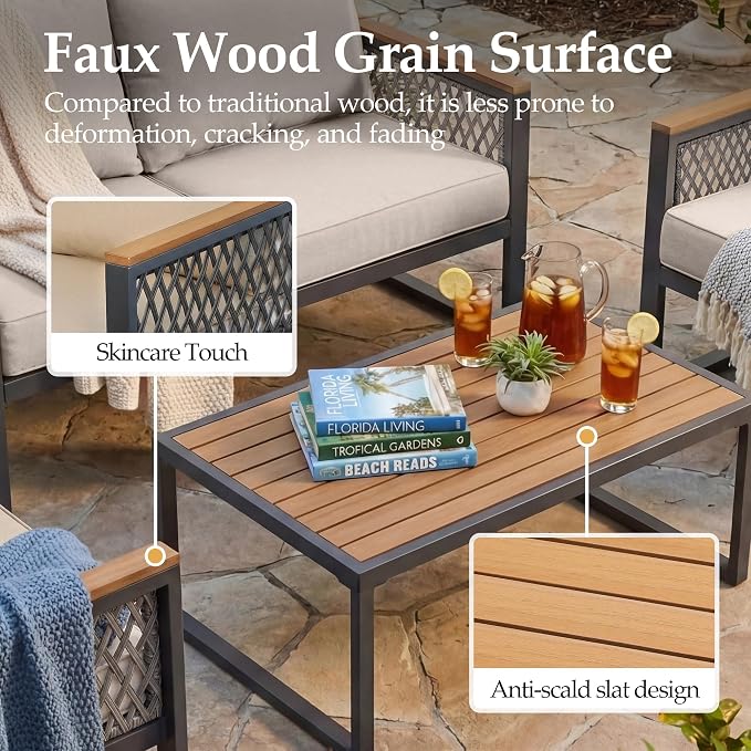 UPHA 7 Pieces Patio Furniture Set with 42" Propane Gas Fire Pit Table, Metal Outdoor Sectional Couch Set with Loveseat & 3-Seat Sofa, Modern Patio Conversation Set for Porch Balcony Deck, Beige
