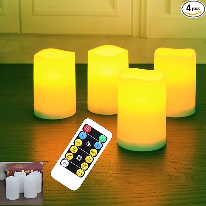 WRalwaysLX 4 Pack LED flameless Candles, Remote Control Candles Decorative Outdoor and Indoor, （2.6" D X4 H ） Plastic Flickering with Timer by 3AAA Batteries(not includ)