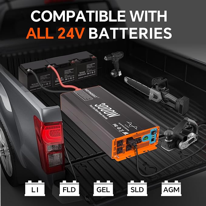 3000W Pure Sine Wave Inverter,24V DC to 120V AC Car Power Inverter 6000W Peak with 4 AC Outlets, 3.0A USB and Type-C, LCD Display 16.5 ft Remote Control for RV Truck Travel Solar Emergency