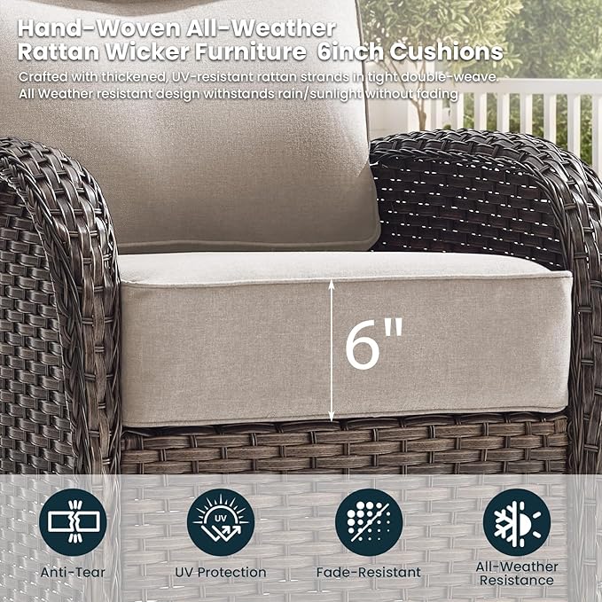 High Back Luxury Patio Furniture Set with 6-inch Thick Cushion, Swivel Rocker Patio Chairs Set of 4 with Outdoor Couch, 8 Piece Wicker Conversation Set for Deck Yard Garden Balcony Beige