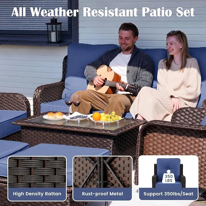 Sundale Outdoor Wicker Patio Furniture Set with Fire Pit, 7 Piece Outdoor Furniture Set with Swivel Chairs, Couch & Ottoman, High Back Patio Conversation Sets with 6" Cushions for Yard, Deck (Blue)
