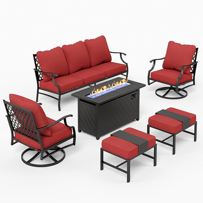 MIXPATIO Patio Furniture Set, 6 Pcs Metal Outdoor Conversation Set, 2 Swivel Chairs, 2 Ottomans and 3 Seater Sofa with 5.75" Extra Thick Cushion and Gas Fire Pit Table, Red