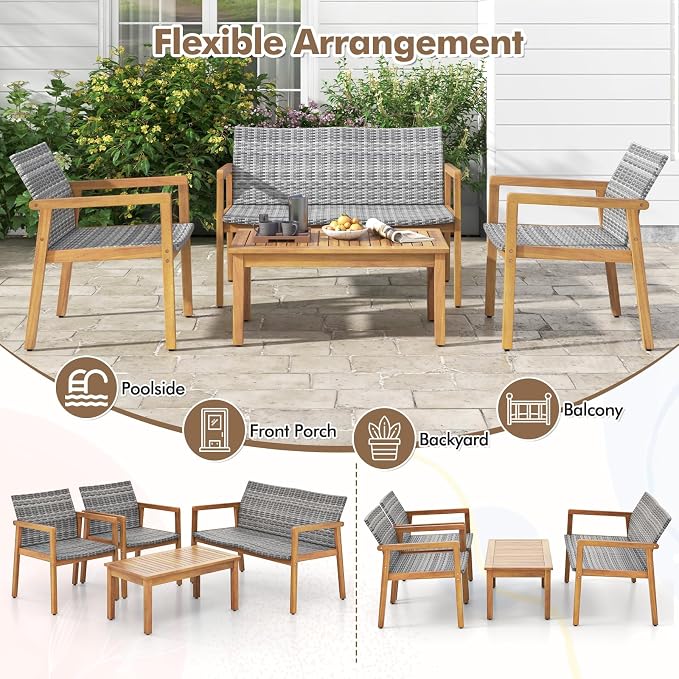 Tangkula 8 Pieces Outdoor Furniture Set, Acacia Wood Frame Sofa Set w/Rattan Seat & Back, Patio Conversation Set w/Coffee Table for Balcony, Poolside, Backyard