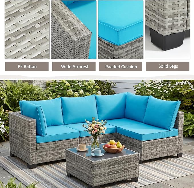 ANJ 5 Piece Outdoor Wicker Patio Furniture Set, Modular Loveseat Sofa with with Glass Top Coffee Table, All-Weather Rattan Conversation Couch Set for Balcony, Backyard, Light Grey Wicker-Turquoise