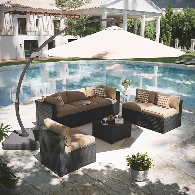 Aoxun Patio Furniture Set with Umbrella, 8 Piece Outdoor Sectional Sofas, Wicker Rattan Outdoor Furniture with Thickened Cushion for Backyard, Garden Beige