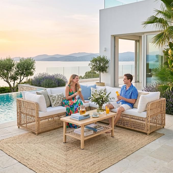 ABCASA Outdoor Patio Sectional Furniture Set with Waterproof Cover, Oversized Wicker Outdoor Furniture Set w/Water-Resistant Fabric & Thick Cushion, L Shaped Patio Conversation Set for Pool Yard,Beige