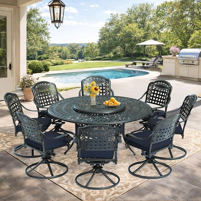 VIVIJASON 9-Piece Outdoor Furniture Dining Set, Rust-Free Cast Aluminum Patio Conversation Set, Include 8 Swivel Dining Chairs & 61" Round Dining Table with 31" Lazy Susan, Umbrella Hole, Navy Blue