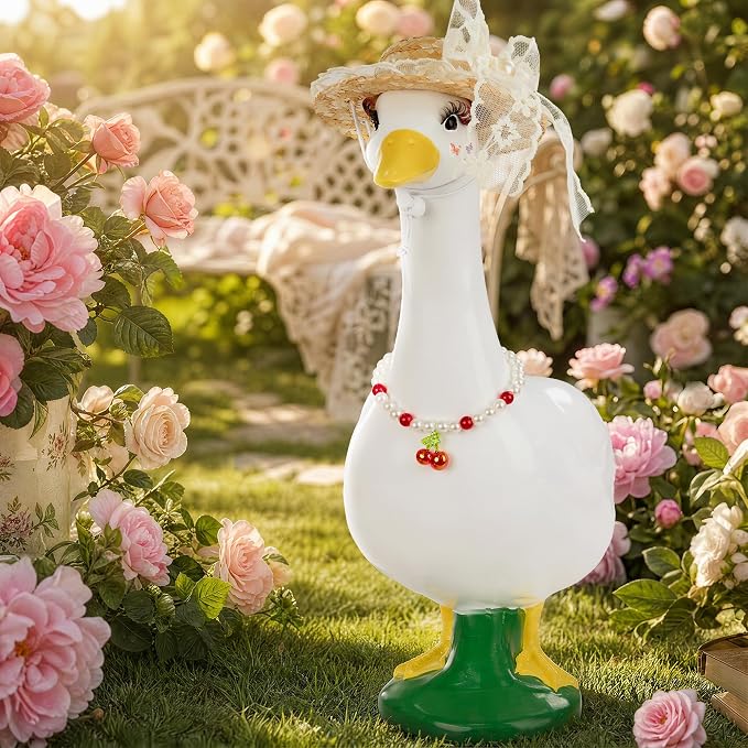 Porch Goose Statue 8pc Accessory Combination Set, White Lace Goose Accessories Kit with Glasses Bow Hat Necklace Stickers for 23 Inch Goose, Elegant Girl Style Yard Decor (White Lace 8PC)